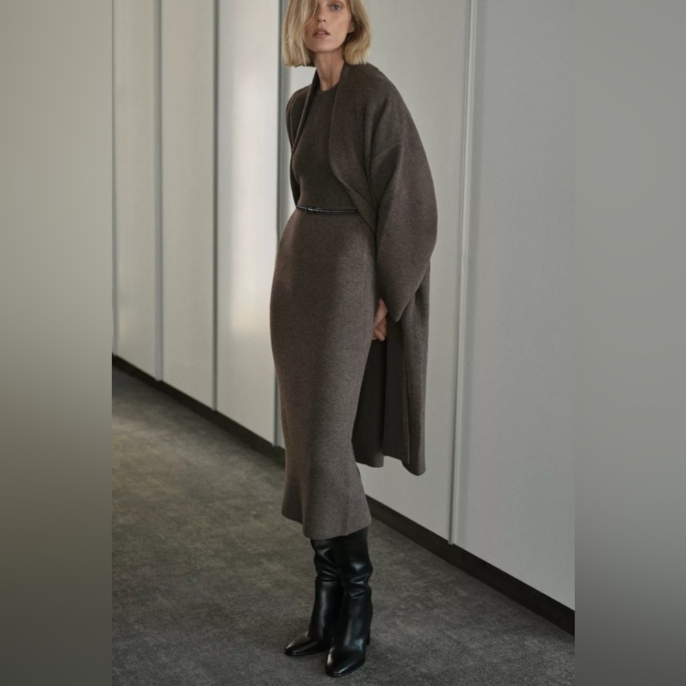 2 PIECES Zara Elegant Belted Midi Brown Knit Dress + Zara long knit coat